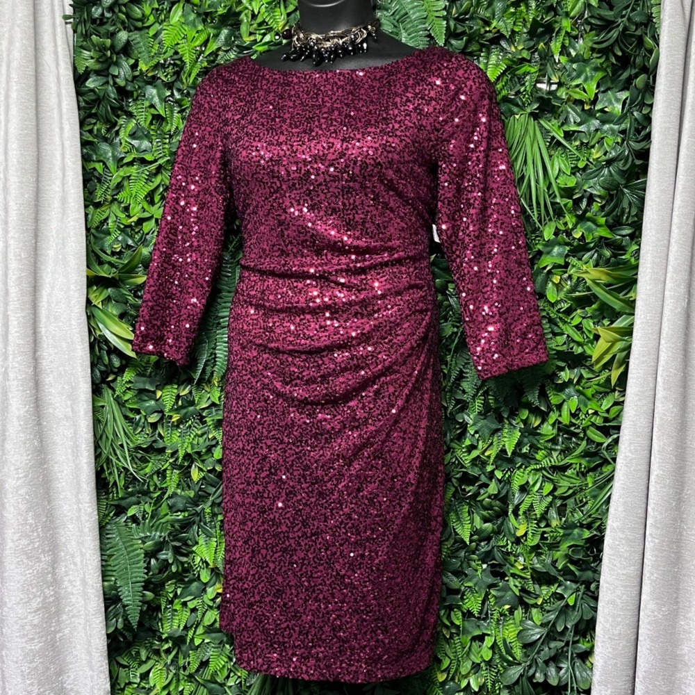 Jessica Howard Dress Size 16 Burgundy Sequin Ruched Sheath 3/4 Sleeve NEW 4171